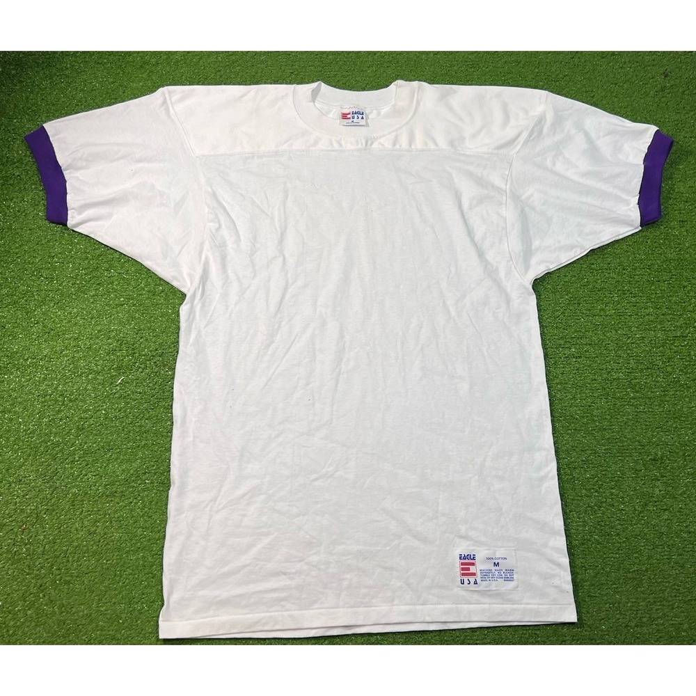 Vintage Blank Single Stitch Ringer Tee XL 90s Eagle USA White‎ Shirt Purple Trim